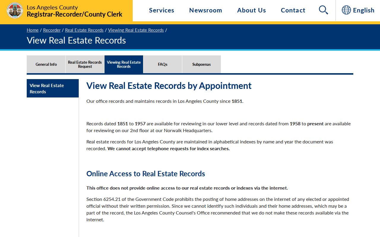 Temple City residents directory view of the Los Angeles County Recorder deed index access page