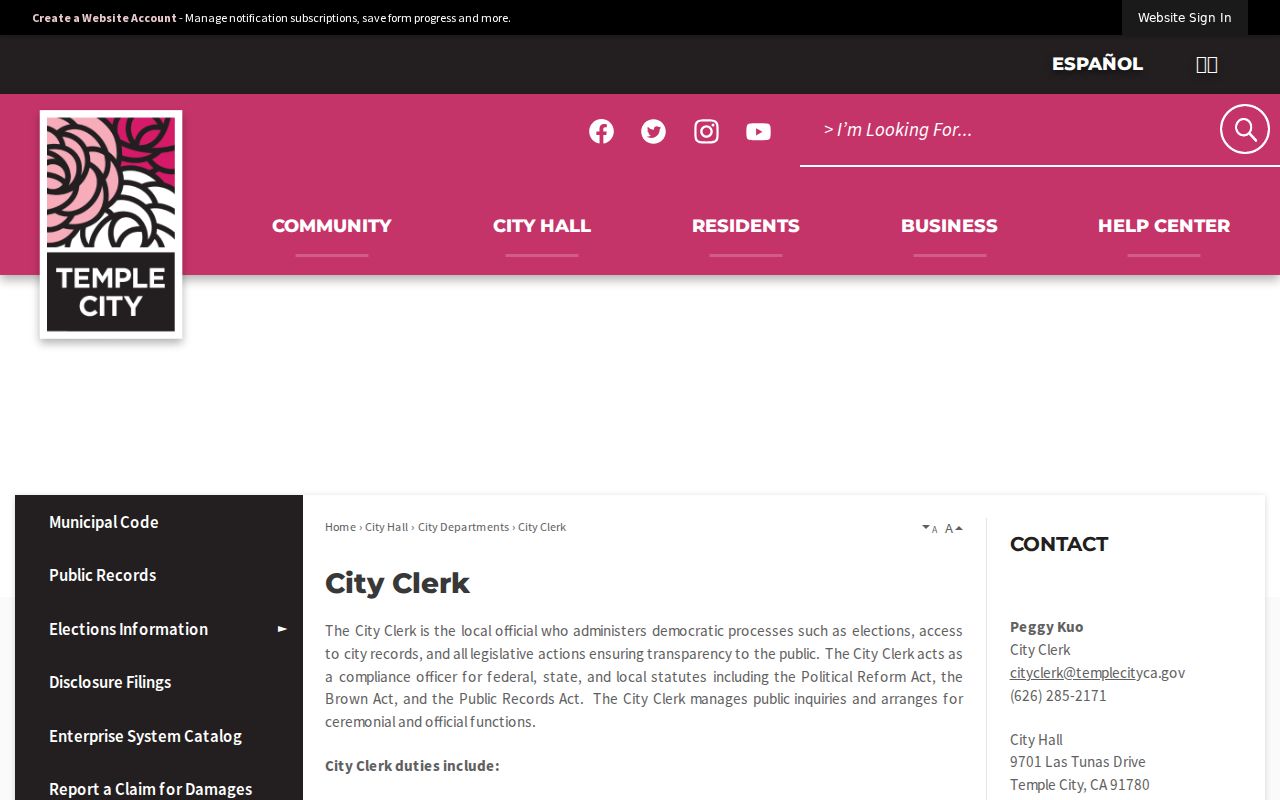Temple City neighbors City Clerk records contact